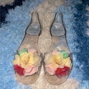 Stuart Weitzman Vintage Pastel Floral Bouquet Clear Flat Peep Toe Jellies Shoes